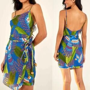 FARM Rio Linen Maxaw Blue Mini Dress Wrap Short Parrot Vacation Sundress Large